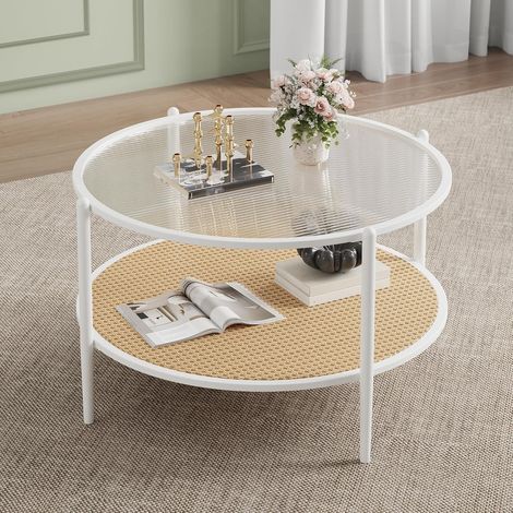 Table Basse Ronde Boho en Rotin avec Verre Trempé, Étagère, Blanc (1/5)