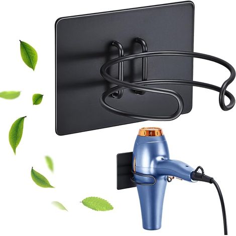 Support Seche Cheveux, Porte seche cheveux Mural, Support Sèche cheveux Sans Percage, Accroche Seche cheveux, Support Mural seche Cheveux Convient pour Salle de Bain, Hôtel (Noir) (1/5)