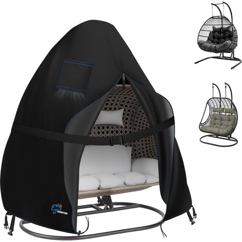 420D Housse de protection pour fauteuil œuf double (200x180cm) Revêtement haute résistance, imperméable à fermeture éclair et cordon de serrage, protection UV/vent pour faute Duil oeuf (1/5)