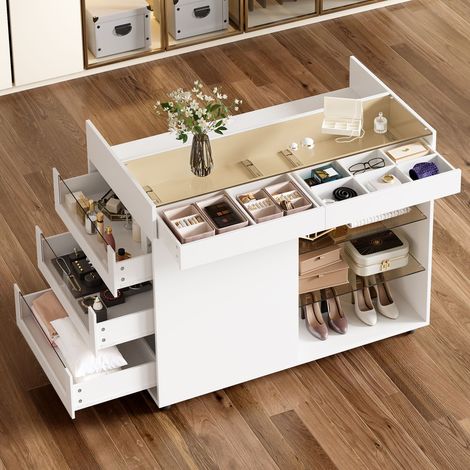 Buffet/coiffeuse en verre, meuble de rangement multifonctionnel, 5 tiroirs avec étagères, équipé de roulettes, idéal pour les chambres, dressings, etc., blanc, 110 × 60 × 79 cm