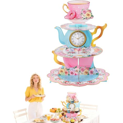 Présentoir à cupcakes à 3 étages pour un goûter, décoré d'une théière et de tasses en carton, sur le thème d'Alice au pays des merveilles, pour un anniversaire ou une fête de naissance. Motif théière (1/5)