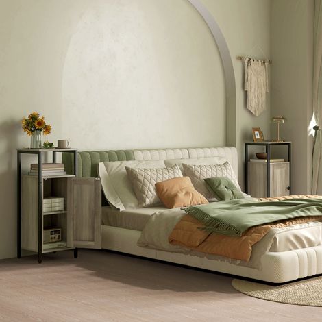 Set di 2 tavolini laterali per soggiorno con anta magnetica e ripiano regolabile, 34x30x80 cm, marrone grigiastro. (1/5)