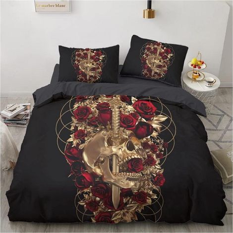Bettwäsche-Set 220x240cm Totenkopf Rosen Schwarz Gold 3-teilig Mikrofaser mit Reißverschluss