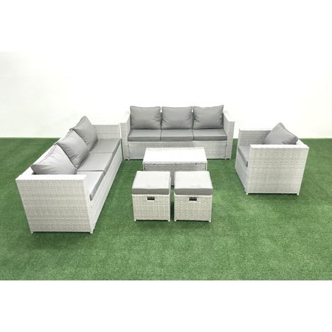 Fimous Wicker PE Rattan Sofa Garden Furniture Set with Armchair Oblong Coffee Table 2 Small Footstools Light Grey Mixed (1/5)
