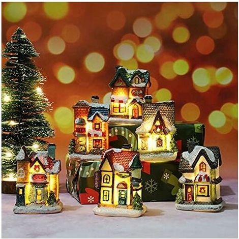 Decoration Village Noel Lumineux, 5 Pcs Decoration Noel Interieur Village Miniature, LED Maison de Noel Flocons de Neige kit, Deco de Noel Village Paysages en Résine Décoration de Table Intérieur (1/5)