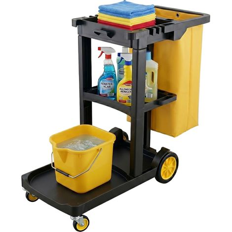 Carrello per pulizie a 3 ripiani con sacco per rifiuti, nero-giallo (1/5)