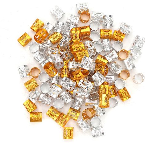 100 Perles de Tresses Rastas Ajustables, Bracelets pour Cheveux, Accessoires Décoratifs pour Perruques, Or et Argent (1/5)