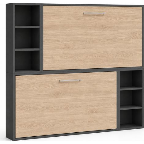 Lit escamotable superposé horizontal avec étagères BINKA - renforcé Gris anthracite Sans matelas-90x190-Cadre Anthracite-Façade Chêne clair (1/5)