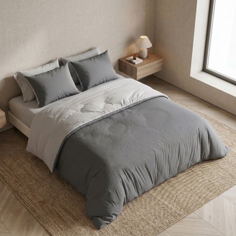 Set biancheria letto 4 pezzi 140x200 cm, reversibile con zip, tessuto morbido e traspirante, grigio