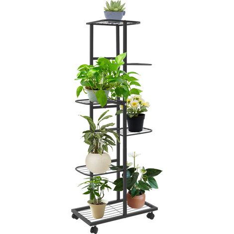 Étagère à plantes avec roulettes - 6 étages - En métal - 112 cm de haut - Pour terrasse, jardin, balcon - Noir (1/5)