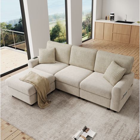 Sofa 223x146x84 cm Beige Chenille und Cord mit Hocker, 2 Kissen und USB/Type-C-Anschluss (1/5)