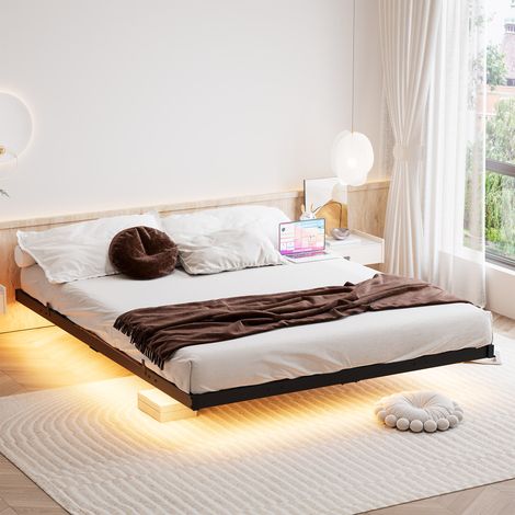 Letto per adulti 140×190 cm, letto matrimoniale con effetto galleggiante, LED multicolore e stazione di ricarica (2 prese + 2 porte USB), struttura in metallo nero (1/5)