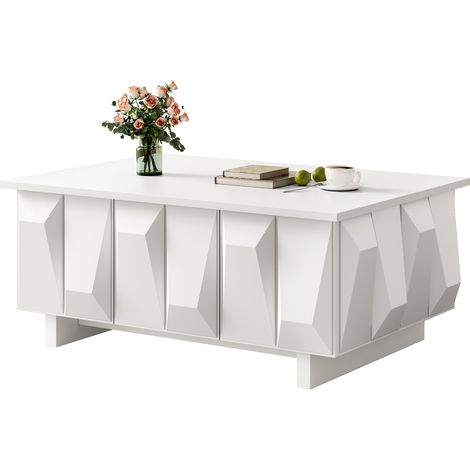 Table basse avec rangements à 3 portes, façades 3D géométriques en PB blanc 95x67 cm, meuble de salon (1/5)