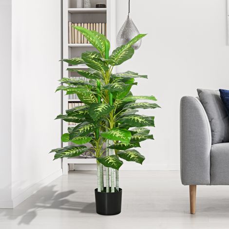 Pianta di calathea artificiale, alta 120 cm, vaso in cemento, 53 foglie - per interni