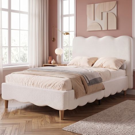 Cama infantil 90x200 con somier de láminas y cabecero bouclé blanco DESVIAE (1/5)