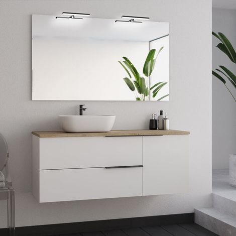 Meuble de salle de bain 120cm avec vasque à poser arrondie et miroir avec appliques - blanc - KING (1/5)