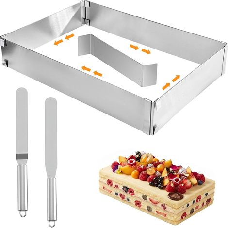 Rectangular Extendable Stainless Steel Pastry Frame 18-53 cm with 2 Spatulas Cake Mould for Cake Mousse Dessert Pizza Cooking Family and Restaurant (1/5)