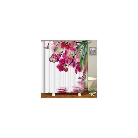 Rideau de douche blanc avec crochets, motif bambou fleuri, polyester, 180x200 cm – (1/5)