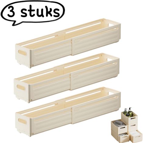 Boîte de rangement 3 pièces - Boîte de rangement extensible pour placard - Organiseur de bureau type tiroir pour collations et objets divers - Petit - Couleur crème (1/5)