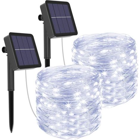 Beleuchtungsmodi, 120 LED Solar-Lichterkette, 2-teiliges Set, 12 Meter Länge, Kaltweiß, Halloween, Weihnachten, Party [Energieklasse A+++]