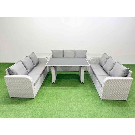 Fimous Patio Garden Furniture Sets with Black Glass Top Dining Table 3 Seater Sofa 2 Side Tables Light Grey (1/4)