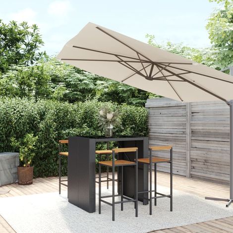 Ensemble Table de bar + 4 Chaises de bar de jardin - Table Haute avec 4 Tabourets noir poly rotin/bois massif acacia BV429710 - BonneVie (1/5)