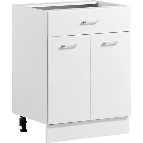 Meuble Bas en Kit, Élément Bas Blanc 60x47,5x81,5 cm Étagère Réglable, Rangement pour Buanderie Salle de Bain, 1 Tiroir 1 Placard, Caisson de Cuisine sans Plan de Travail, Fermeture Amortie (1/5)