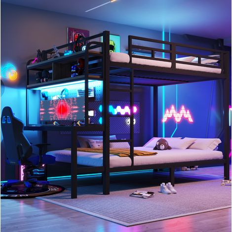 Litera de metal y MDF negra 140x200 cm con escritorio, estantes, luz LED y puerto USB (1/5)