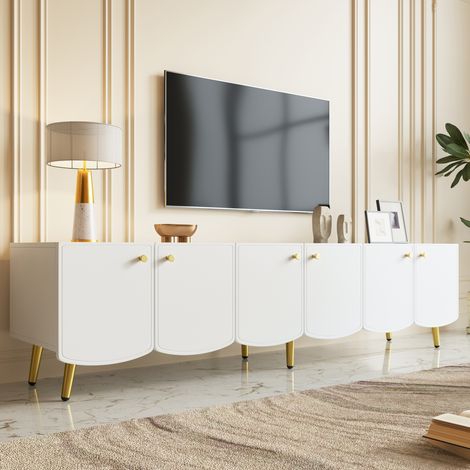 Mueble TV 180x40x45 cm con 6 puertas, almacenamiento práctico para salón o dormitorio, tablero de partículas blanco y dorado (1/5)