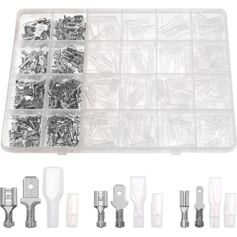 440 Pièces 2.8mm 4.8mm 6.3mm Fil Terminal À Sertir, Mâle Femelle Bêche Terminal Bloc Connecteur avec Isolation Manches Assortiment Kit, pour Haut Parleur Audio de Voiture, Argent (1/5)