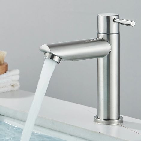 Robinet de Salle de Bain brossé Eau Froide Uniquement, Robinet Lave Main Eau Froide pour WC, Robinet Lavabo Eau Froide en Acier Inox (1/5)