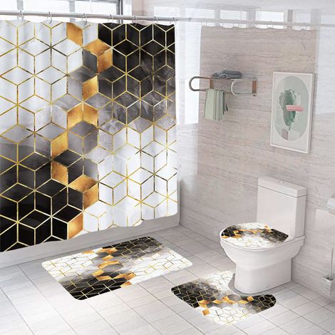 Green Mobility-Ensemble de 4 rideaux de douche noirs dégradés, ensemble de salle de bain en marbre noir et doré, avec tapis (1/5)
