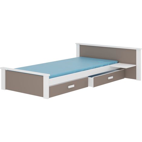Lit bois pin blanc et bois taupe 90x200 avec 1 chevet et 2 tiroirs de rangement Lydia (1/5)