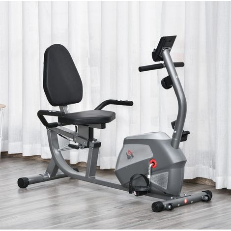Bicicleta estática reclinada 136x62,5x98 cm de metal gris con pantalla LCD para casa - MEUBLIV (1/5)