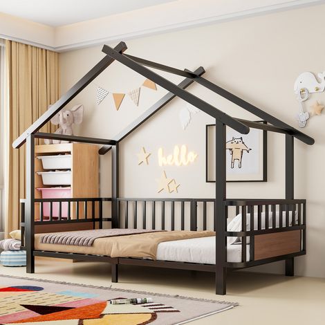 Cama infantil 90x200x168.5 cm con diseño de casa, barandillas de seguridad, estructura metálica, negra (1/5)