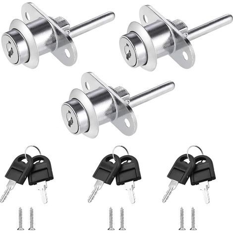 3-teiliges Schubladenschloss mit Schlüssel für Möbel, Kolbenschloss für Aktenschränke, Vitrinen, Durchmesser 16 mm (Silber)