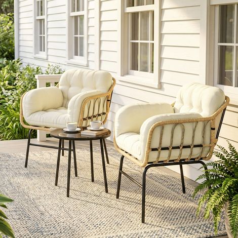 Set di mobili da giardino per esterni composto da 3 pezzi in resina intrecciata, tavolo in vetro temperato e 2 poltrone con cuscini, 62x73x79 cm, color kaki.