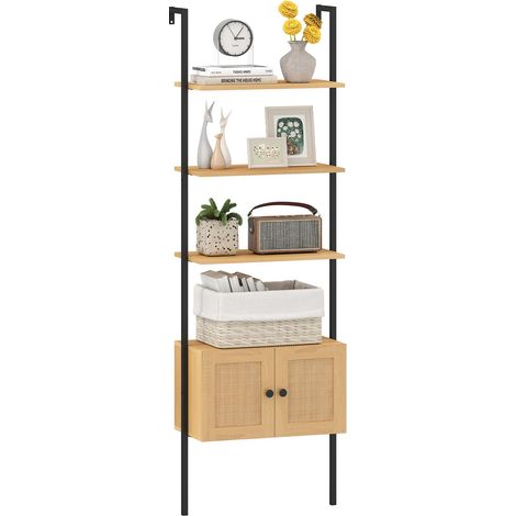 COSTWAY Libreria a Scala a 5 Ripiani con Armadio in Rattan, Scaffale da Parete con Struttura in Metallo, Organizzatore di Stoccaggio per Soggiorno Studio Ufficio, 60x31,5x184 cm (1/5)