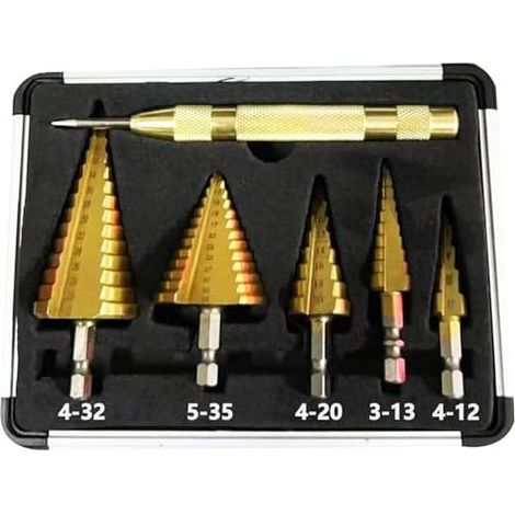 Stufenbohrer-Set, 6-teilig, HSS-Stufenbohrer – 5 konische (4–12 mm, 3–13 mm, 4–20 mm, 4–32 mm, 5–35 mm) und 1 automatischer Körnerbohrer (13 cm), konisch mit Titanbeschichtung (1/5)