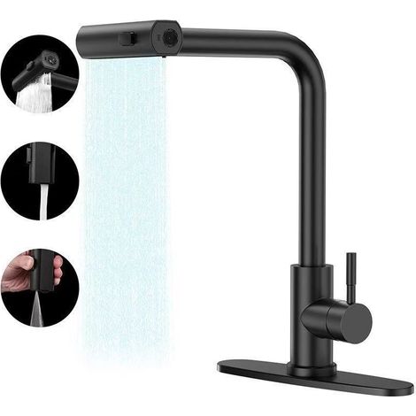 Cross-border 304 Stainless Steel Pull-out Kitchen Faucet, Hot and Cold Water, for Dishwashing Sinks and Vegetable Basins - Black [Three-speed water flow with base]