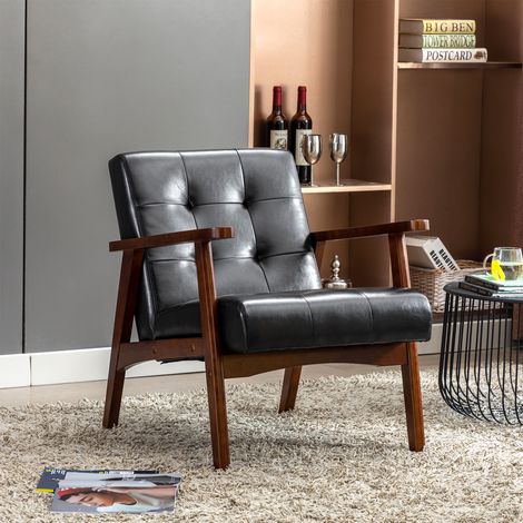 Fauteuil Scandinave HOMEMiYN en Similicuir Tufté – Accoudoirs en Bois, Structure Robuste, Noir (1/2)