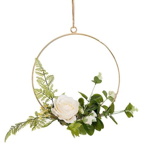 Guirlande décorative murale avec anneau métallique rond et fleurs artificielles, 20 cm (blanche) (1/3)