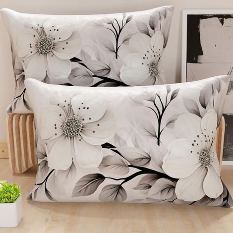 Lot de 2 Taies d'Oreillers 50x70 cm 100% Microfibre Hypoallergénique, Housse Oreiller Rectangulaire Motif Floral Noir Blanc, Paquet de 2
