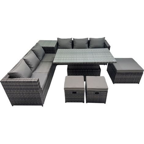 Fimous 9 Seater Outdoor Corner Sofa Height Adjustable Rising Lifting Table Set Garden Rattan Furniture Set with 3 Stools Side Table Dark Grey (1/5)