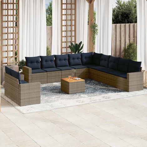 Canapé Salon Jardin 12 Pièces en Résine Tressée Gris avec Coussins Bleu Marine, Modulaire avec Rangement, Table Acacia et 110kg par Siège, Idéal Terrasse (1/5)