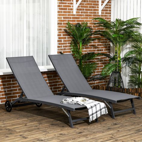 Juego de 2 Tumbonas Reclinables de Jardín de Aluminio con Respaldo Ajustable y Ruedas 165x66x102 cm Gris Oscuro