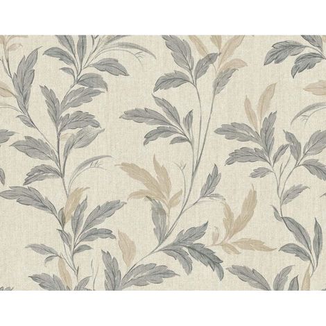 Carta da parati vinilica su tessuto non tessuto, motivo foglie e piante, grigio-beige, 10 m (1/4)