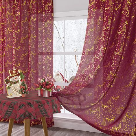 Lot de 2 rideaux voilage Noël 42x64 cm – Tissu polyester effet lin – Motifs sapins et flocons – Installation facile avec galon fronceur (1/5)