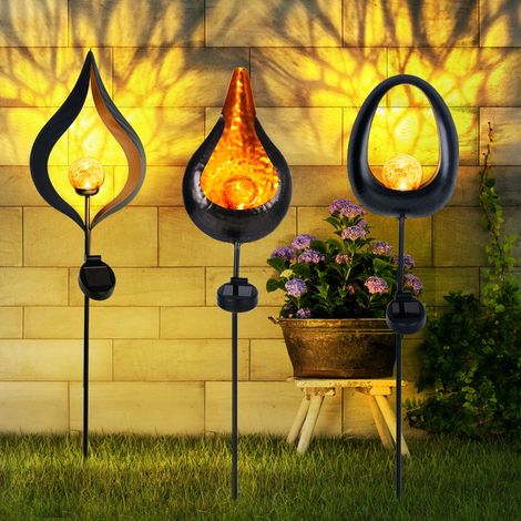 Solarleuchte Flamme Garten Solarstab für Außen Solar Garten Deko für Außen mit Erdspieß und Flammeneffekt, Metall Glas, 1x LED, H 93 cm, 3er Set