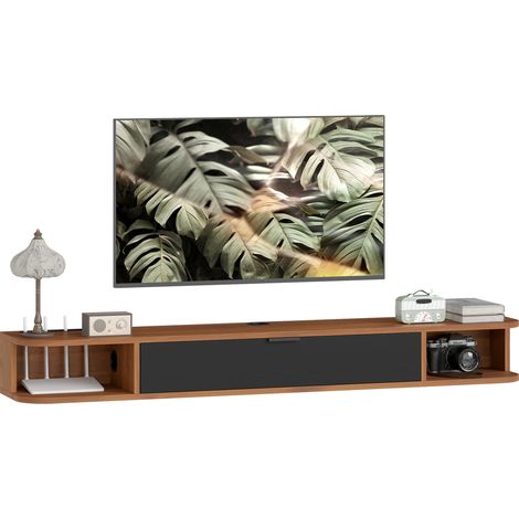 Meuble TV Suspendu Noyer 140 cm, Écran 60 Pouces, 2 Étagères (1/5)